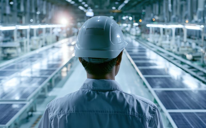 Worker in a hard hat looking down a photovoltaic module production line