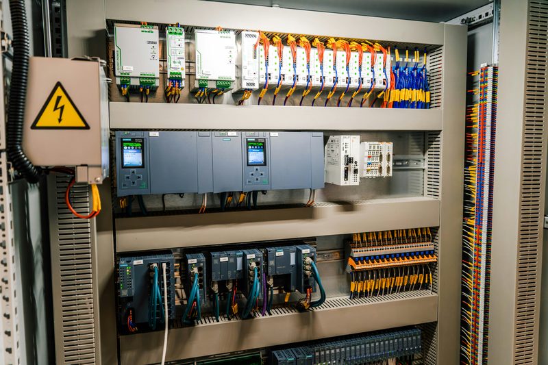 Open control panel with PLC racks, circuit breakers, terminal blocks and wiring ducts