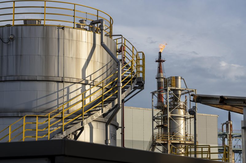 Process units and storage tanks at a refinery