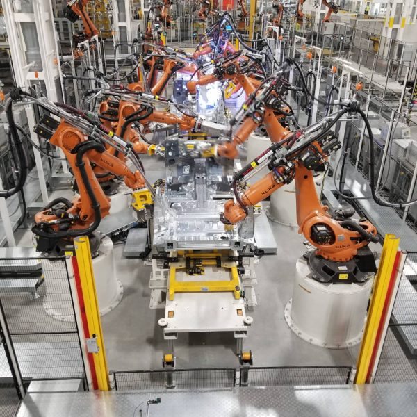 Robotic welding line in an automotive body shop